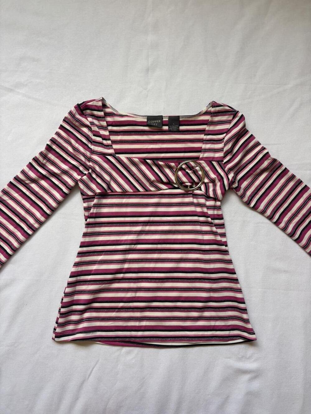 y2k Copper Key pink, white, and black striped top with ring detail, size small